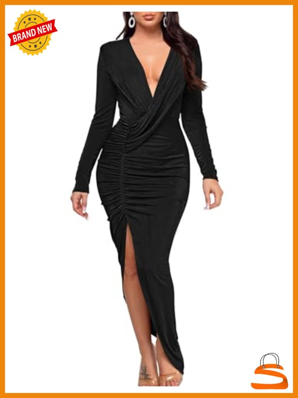 Women's Long Sleeve Bodycon Maxi Dress Deep V-Neck Ruched Party Club
